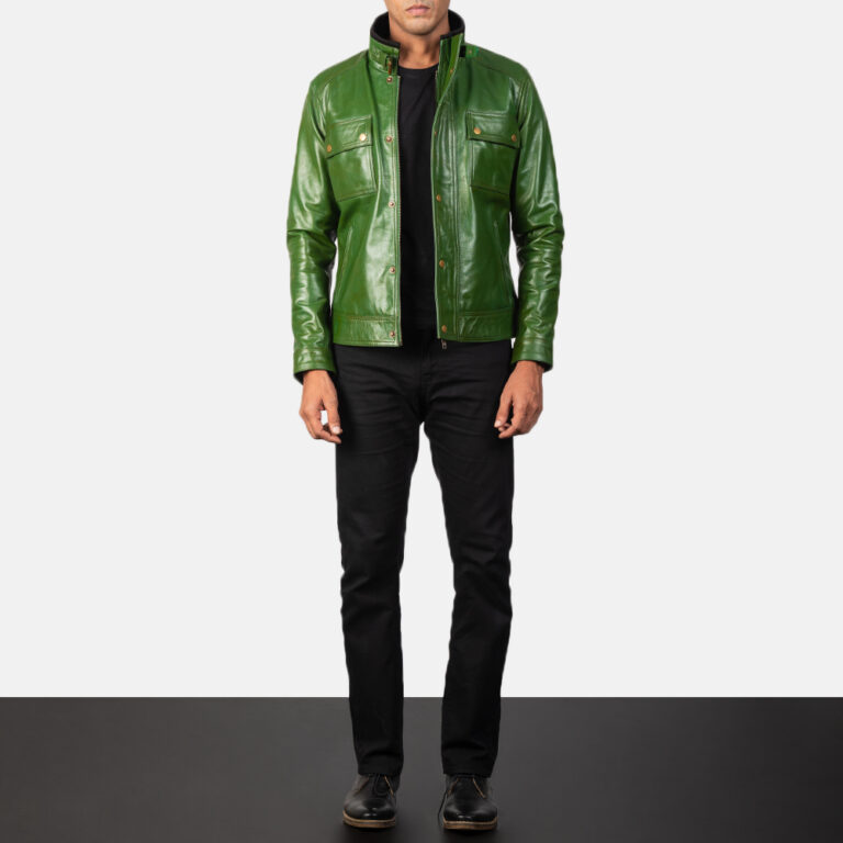 Mens Darren Distressed Green Leather Biker Jacket6138-2-1568636886869